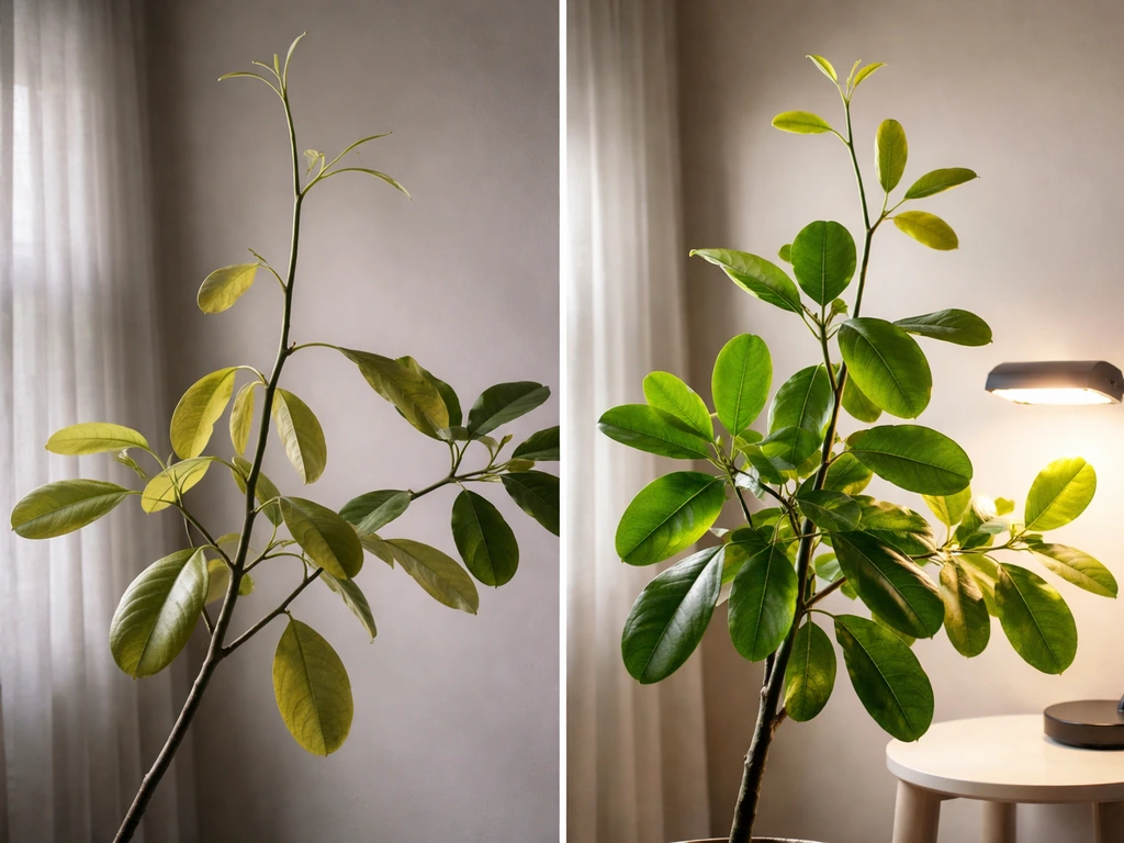 Cashew leaves and spindly new growth in dim indoor light contrasted with a bright grow-light setup.