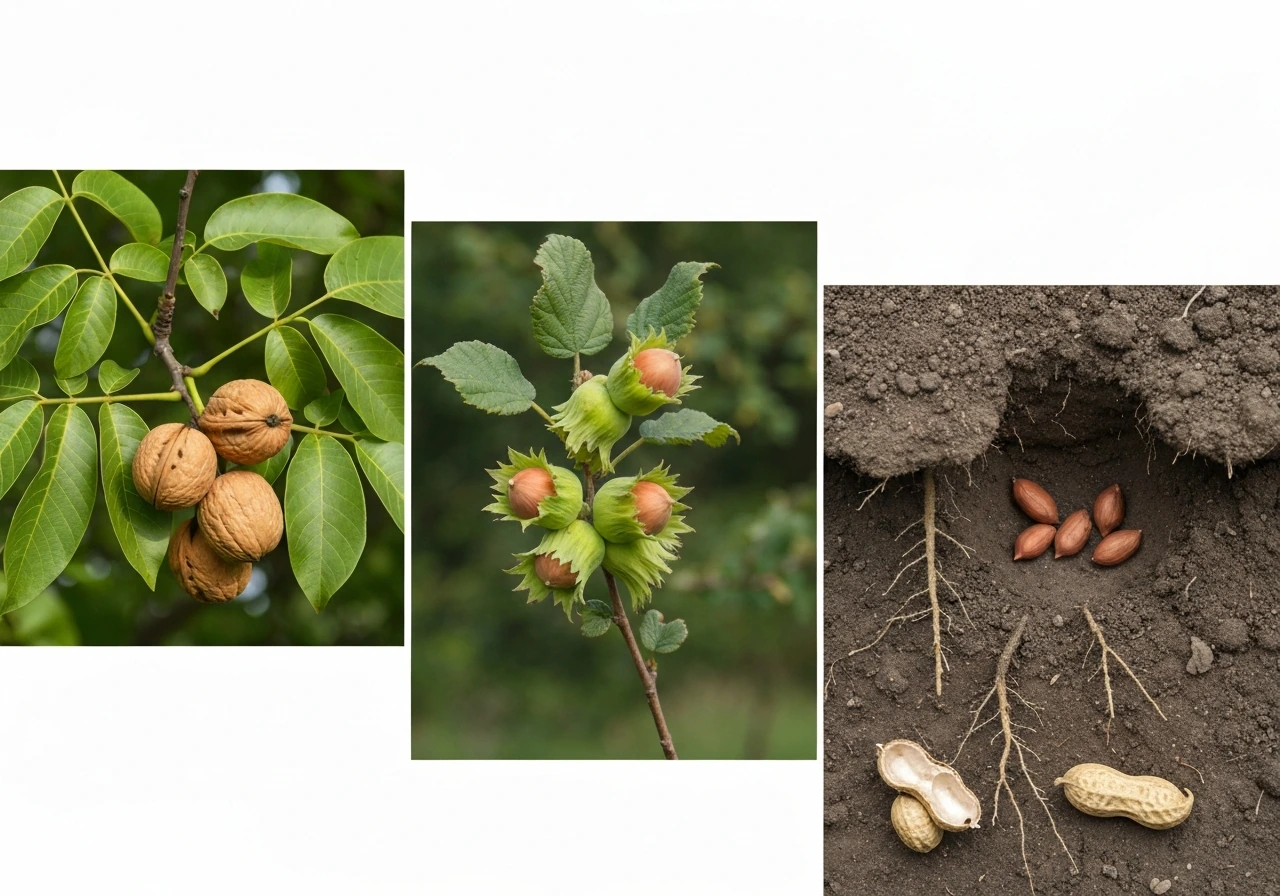 Three small realistic scenes showing nuts on branches, hazelnuts on shrubs, and peanuts in soil