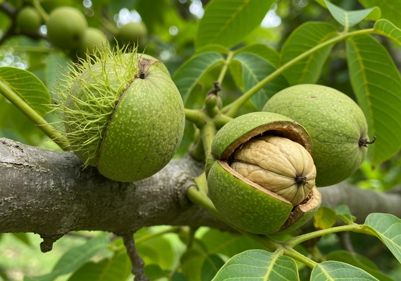 Walnuts on a tree with husks and an opened shell revealing the seed inside