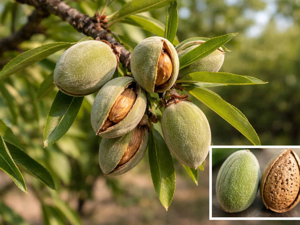 Late-season almond tree branch with green hulls and pale developing nuts, plus inset showing hull and hard shell