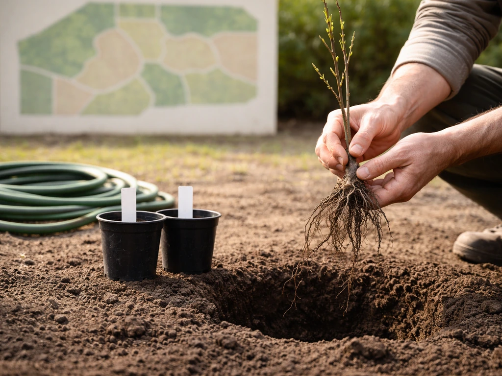 Gardener hands holding a bare-root nut sapling with nursery containers and a blurred yard-zone map backdrop.