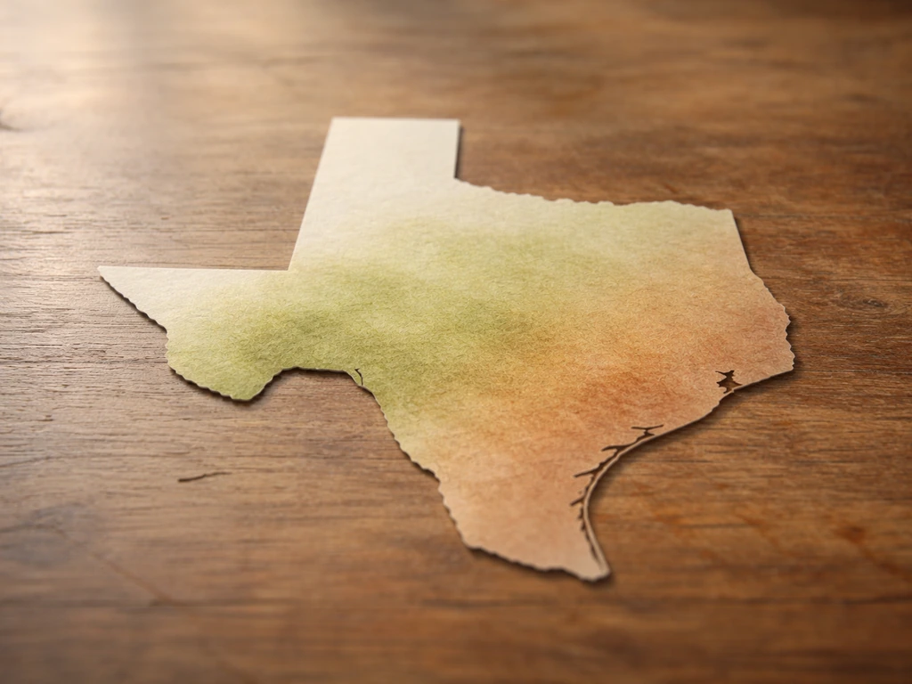 Minimal photo of a handheld map-like outline of Texas zones concept, earthy tones and soft daylight.