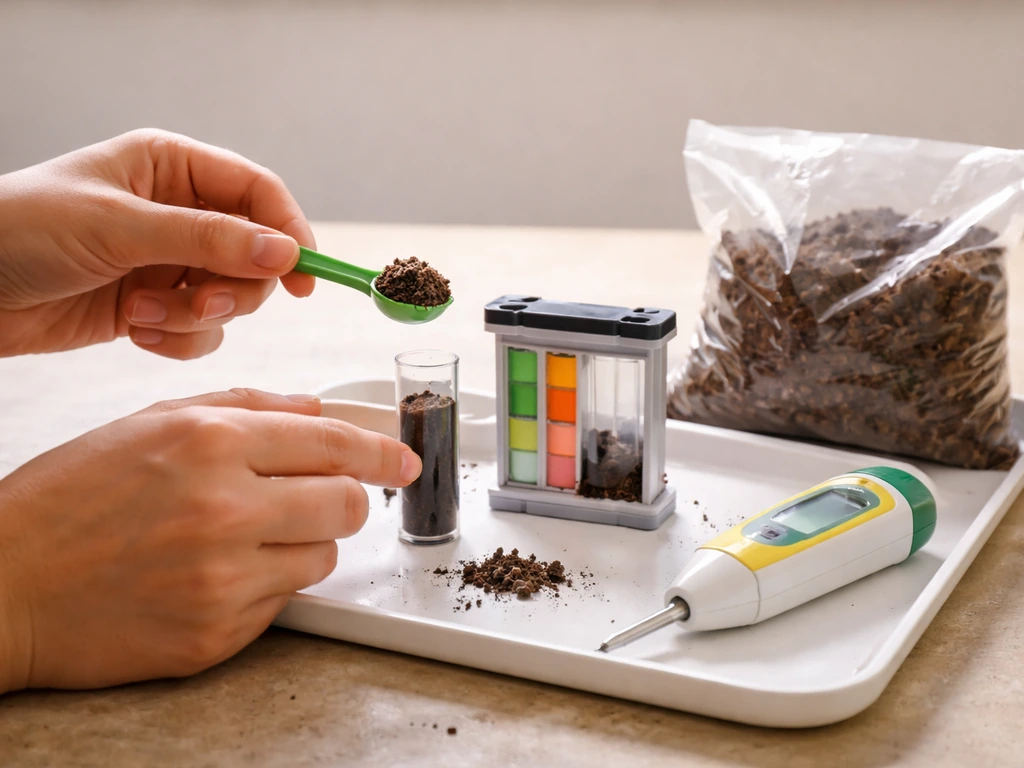 Hand holding a soil pH test kit over a tray of soil, with amendment bag nearby in warm daylight.