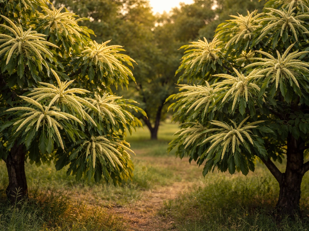 Two chestnut trees in bloom with catkins, showing cross-pollination in a Texas orchard at golden hour.