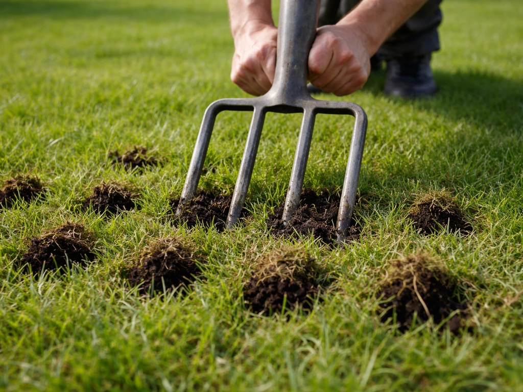 Tuinriek die prikgaten maakt in een groen gazon, met zichtbaar gras en donkere bodem voor beluchten.