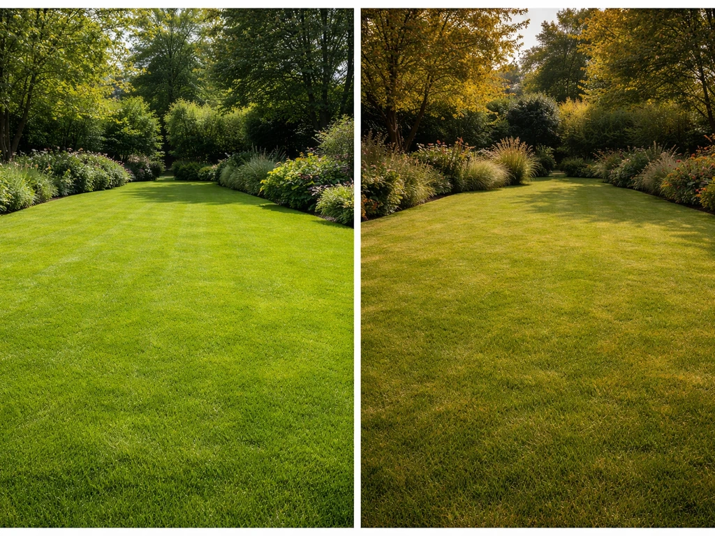 Twee seizoensbeelden van een Nederlandse grastuin: april-mei en september-oktober, zonder mensen.