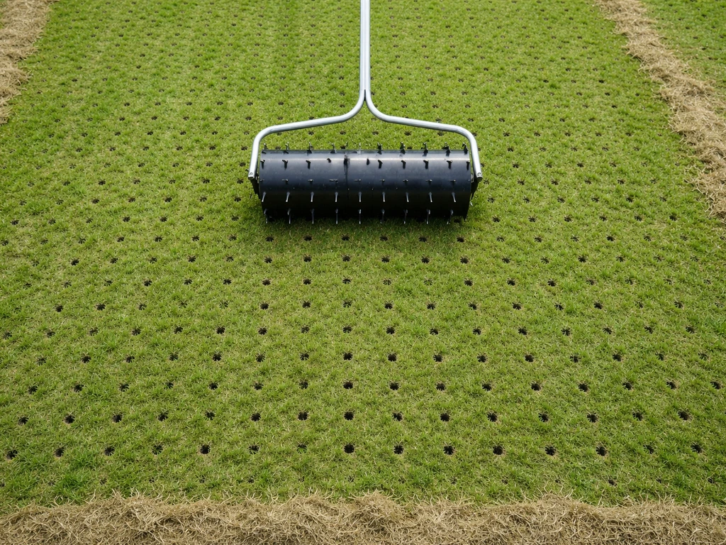 Bovenaanzicht van een gazon met rijen prikgaten door beluchten en gemaaid gras als voorbereiding.