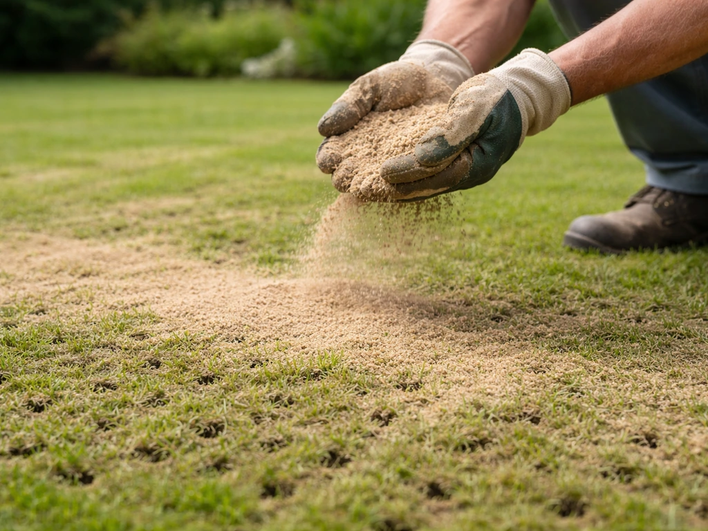 Handen die zand/topdressing gelijkmatig over een belucht gazon strooien met zichtbare kleine gaatjes.