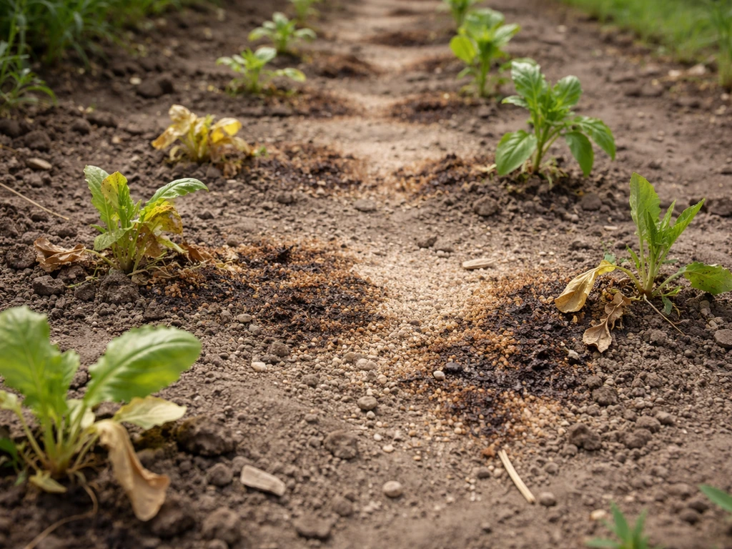 Close-up van aarde met bruine verschroeide plekken en ongelijk groeiende plantjes in de moestuin.