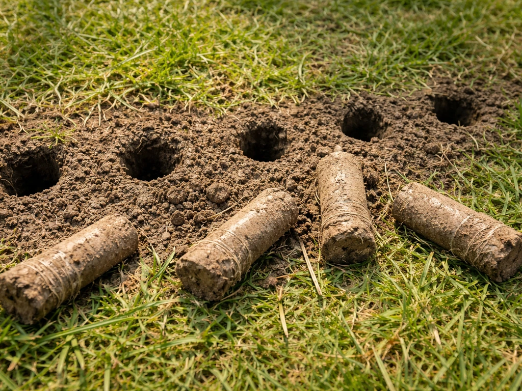 Uitgetrokken grondpluggen langs beluchte gaatjes op kleigrond, met zichtbare droge, gebarsten aarde.