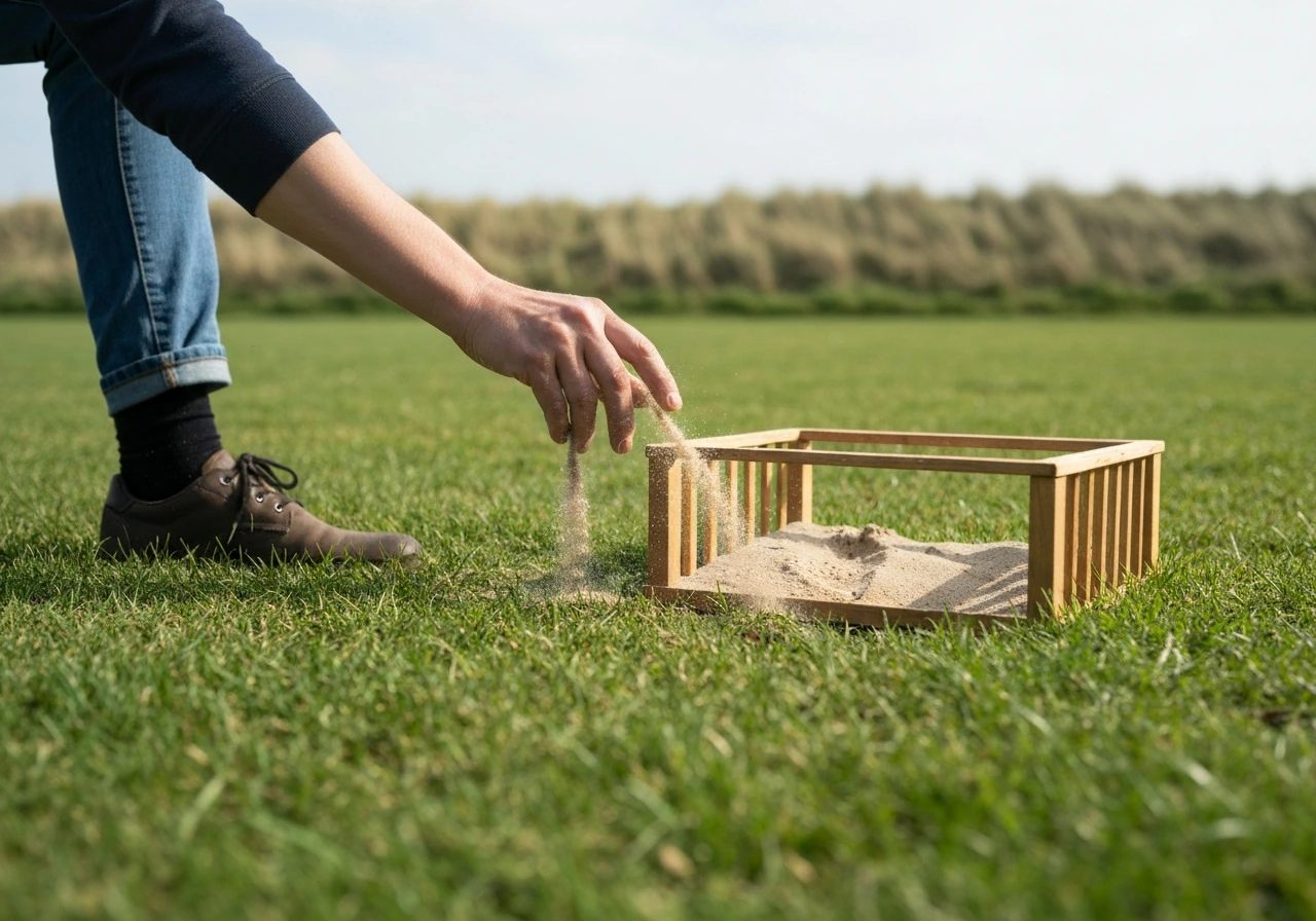 Hand strooit scherp zand over een net belucht gazon en veegt het in de gaten met een borstel.