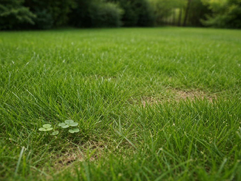 Fotorealistisch Nederlands gazon met lichte en donkere grassprieten en kleine vlekjes onkruid in een rustige tuin