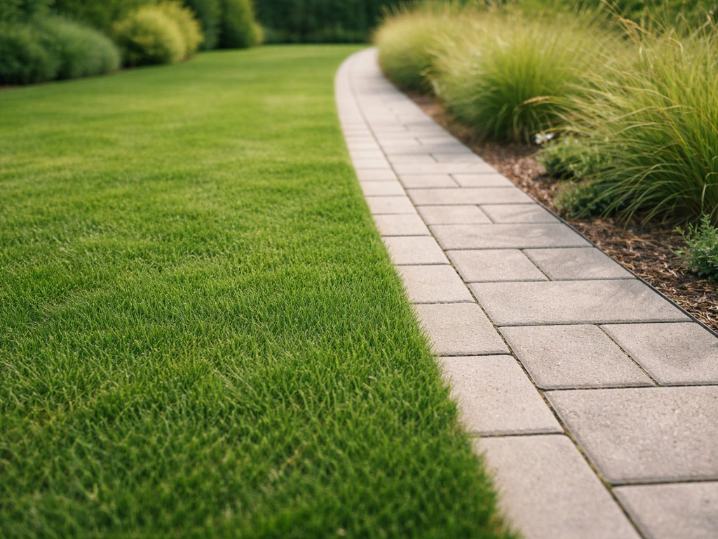 Verzorgd gazon in een tuin met zichtbare overgang naar een pad en lage borderbeplanting.