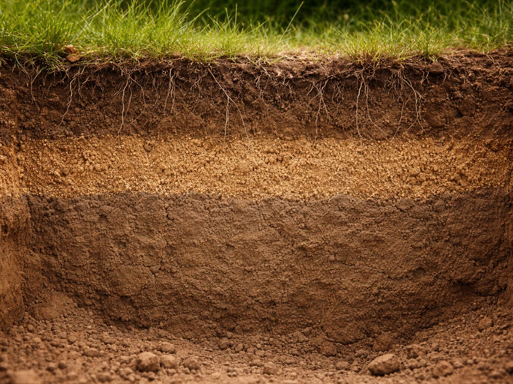 Close-up van een uitgegraven grondprofiel met zichtbare lagen zand en klei rond een graswortelzone.
