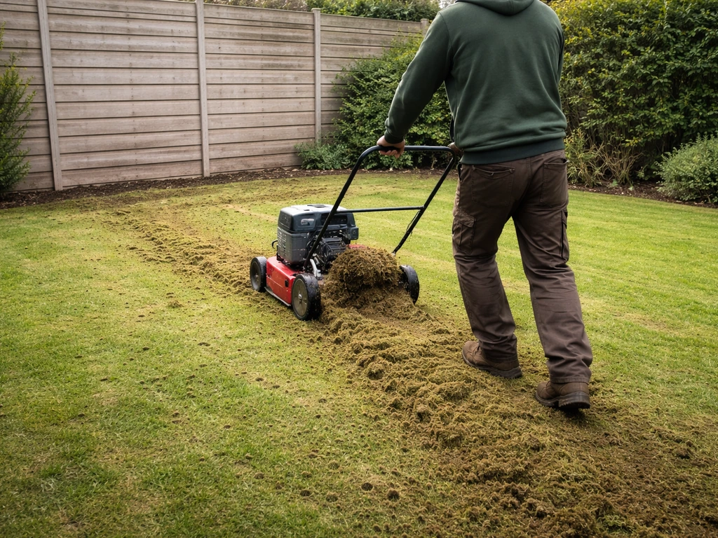 Tuinman verticuteert een gazon met zichtbare viltlaag, daarna beluchtingssporen zichtbaar, in natuurlijk licht.