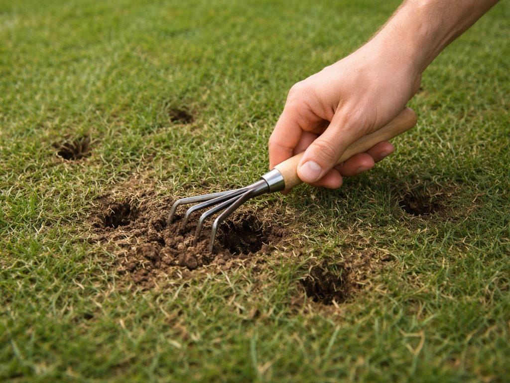 Tuinman schept losgeraakte grasmat en aarde weg rond prikplekken in een gazon, na het beluchten.