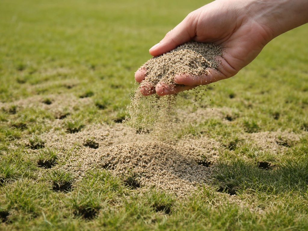 Hand strooit scherp topdressing-/beluchtingszand over een ingeprikt gazon, met zand dat de gaten bedekt.