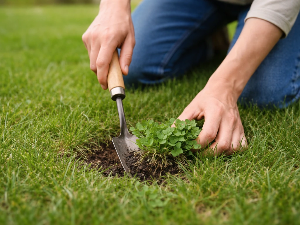 Tuinier die met een smalle schoffel kleine klavergroepjes uit het gras steekt, gras en klaver duidelijk zichtbaar