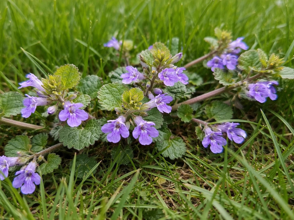 Close-up van hondsdraf met paarse bloemetjes en vierkante stengels tussen gras in het gazon.
