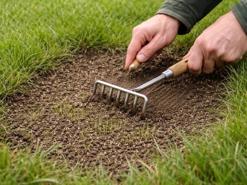 Anonieme handen met hark/truweel die ingezaaide kale plek in het gazon afdekt, met nieuw gras dat opkomt.