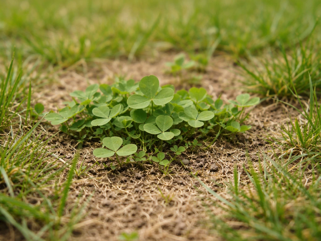 Close-up van klaver tussen verzwakt gazon, met duidelijk verschil in grassterkte en bodemtextuur.