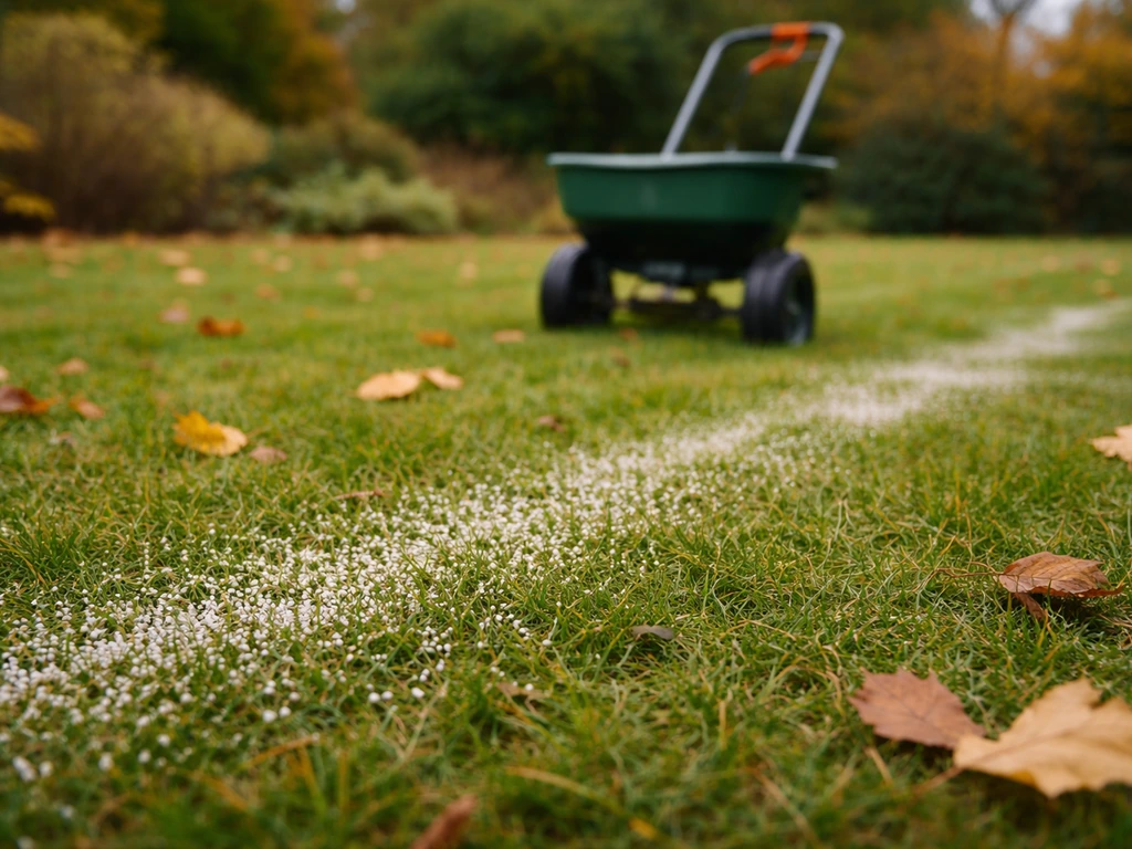 Herfstgazon met zichtbare kalkkorrels en een strooier op de achtergrond, natuurlijke seizoenssfeer in Nederland.