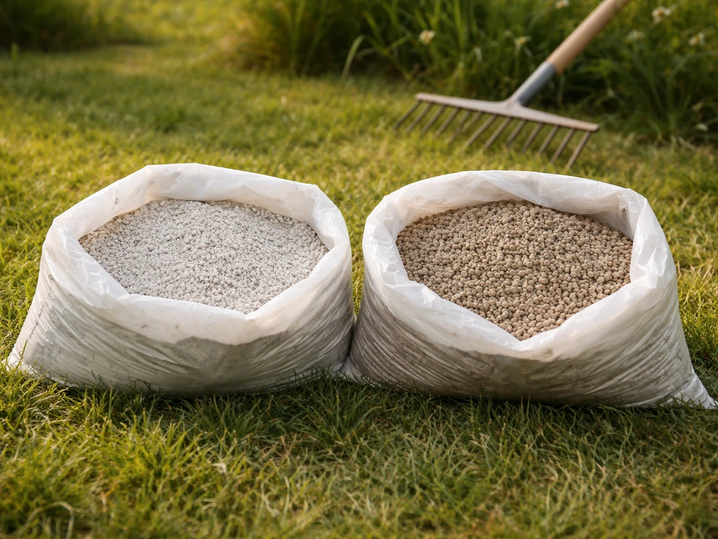 Twee open zakken met kalkkorrels voor gazon: calciumkalk en magnesium(dolomiet)kalk, klaar om te strooien.