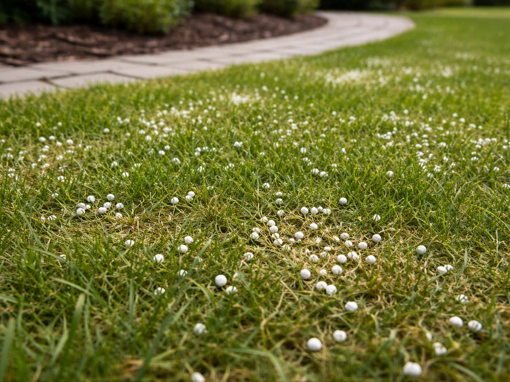 Zichtbare kalkkorrels die ongelijk op gras liggen, met licht bewolkte achtergrond en tuinrand op de achtergrond.