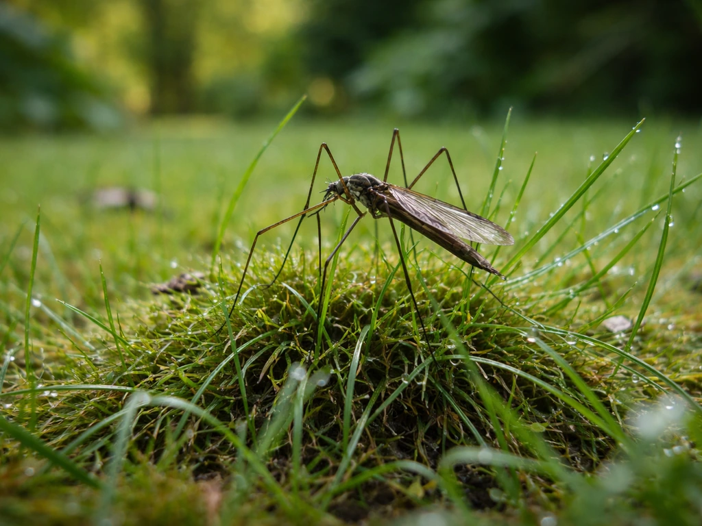 Macro van langpootmug-achtige insecten op gras met lange poten, met vage achtergrondvliegjes ter vergelijking.