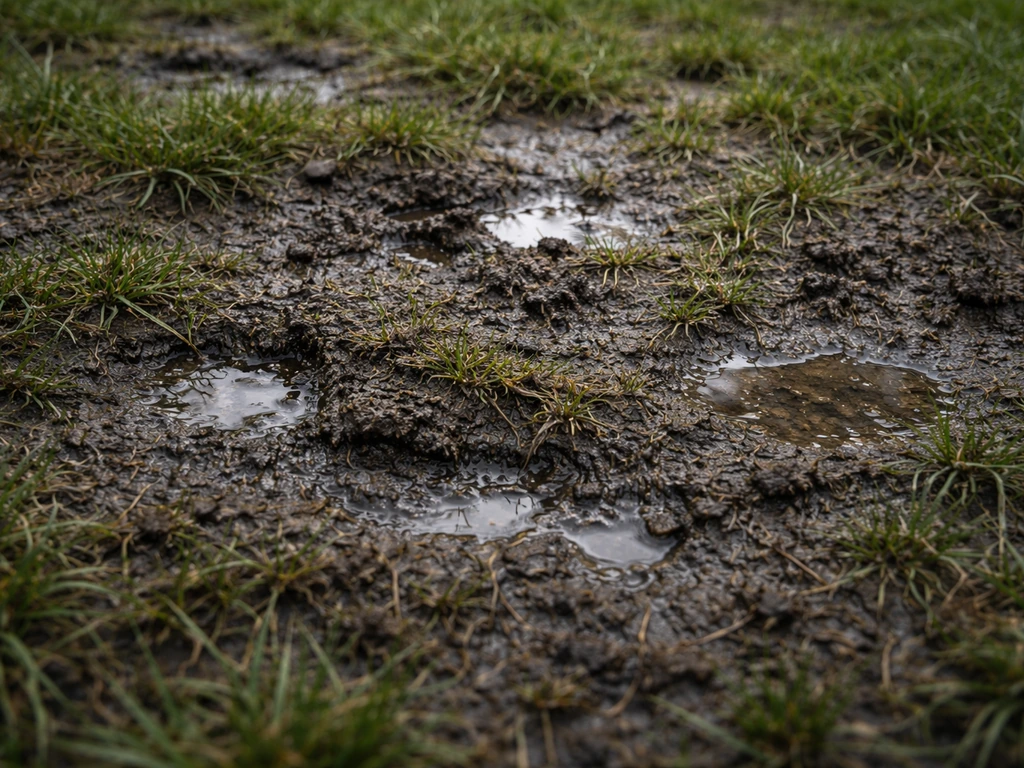 Compacte, natte gazonzode met viltlaag die water slecht doorlaat en plassen op de toplaag.