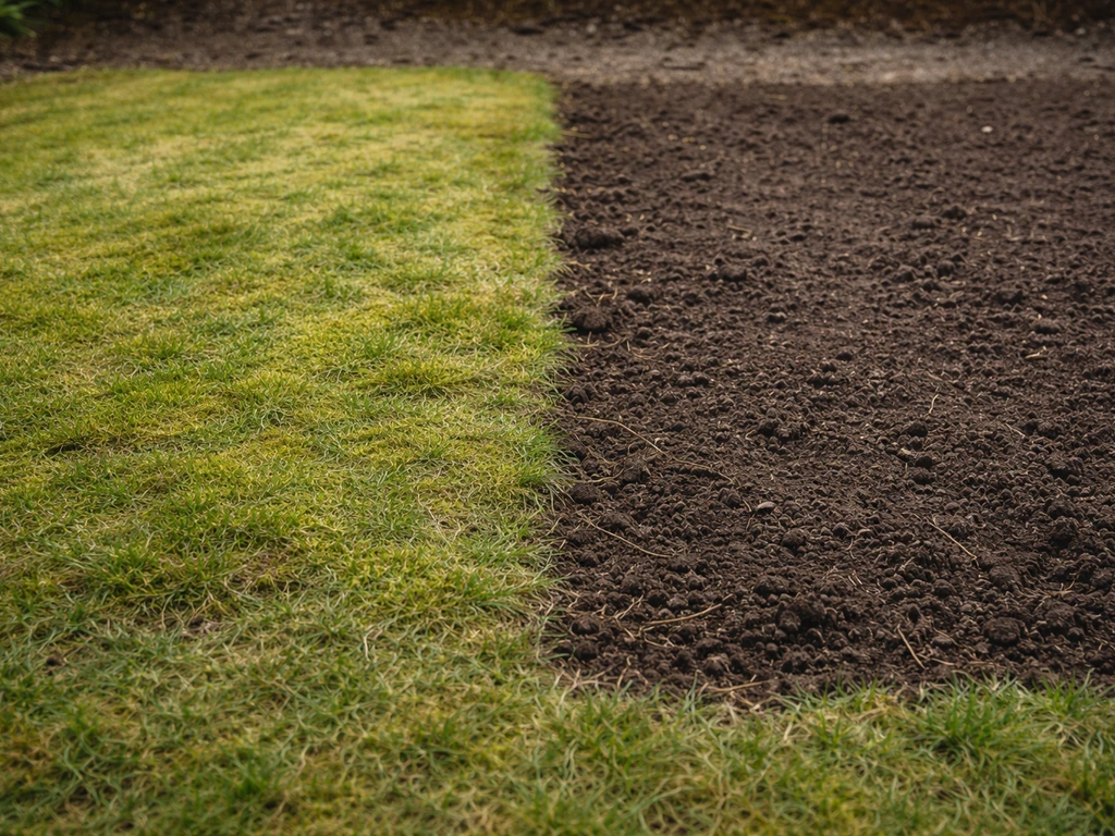 Tuin met mos/vilt zichtbaar in het gazon, naast een opgeschoond stuk met losgemaakte grond als renovatie-voor/na