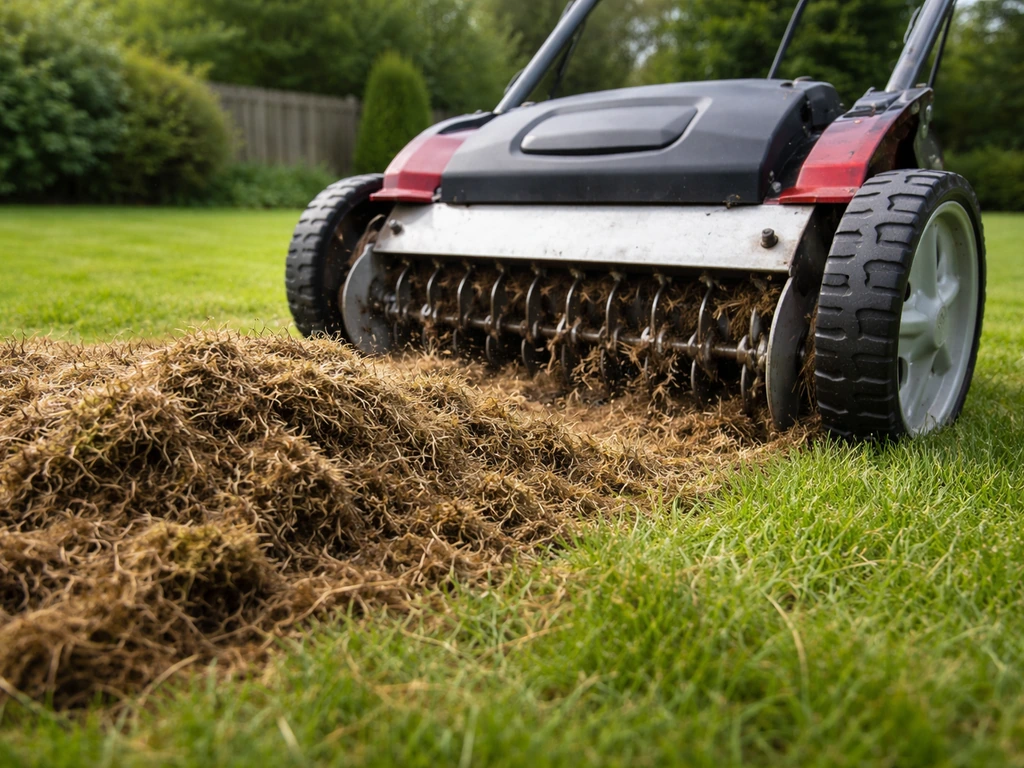 Verticuteermachine die door grasmat met mos en vilt gaat; losgewerkte viltlaag is zichtbaar.