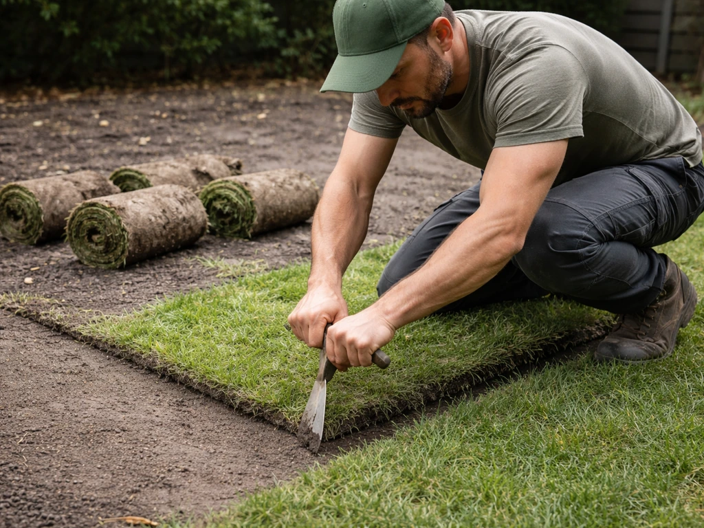 Tuinier die graszoden in stroken afsteekt met een zodensteker en de grasmat verwijdert