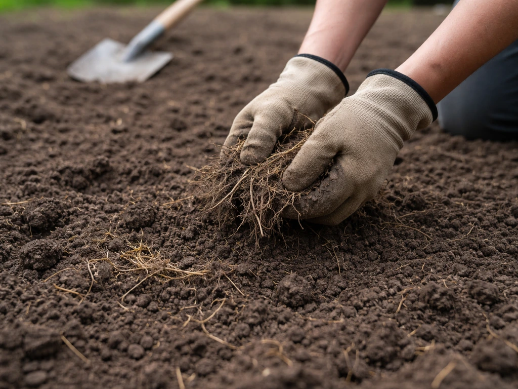 Hand schept wortelresten uit de grond tijdens het spitten voor nieuw gazon