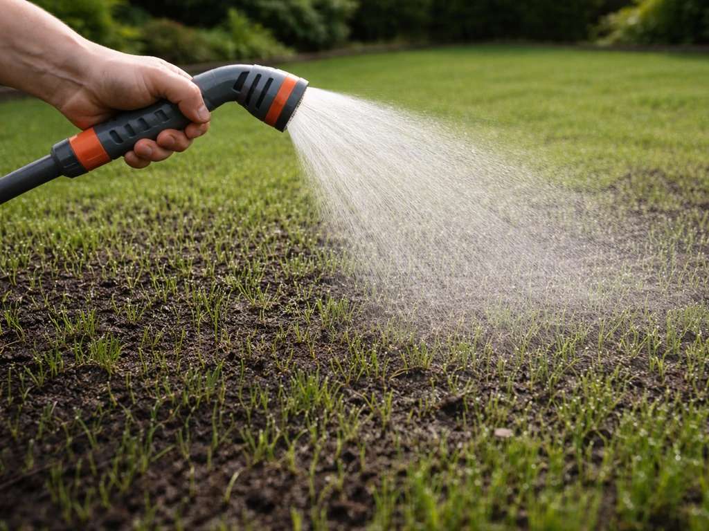 Hand met tuinsproeier die pas ingezaaid gras gelijkmatig besproeit, jonge spruiten komen op in een rustige tuin.