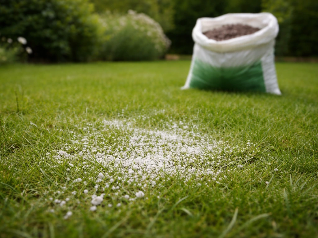 Losgestrooide gazonkalkkorrels op gras, met op de achtergrond een mestkorrel in een voerzak-achtige zak