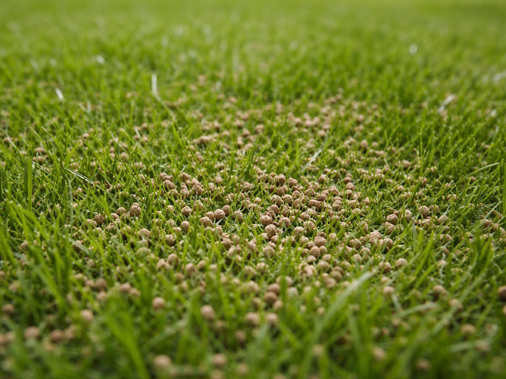 Close-up van een gazon direct na het strooien: mestkorrels liggen zichtbaar tussen het gras.