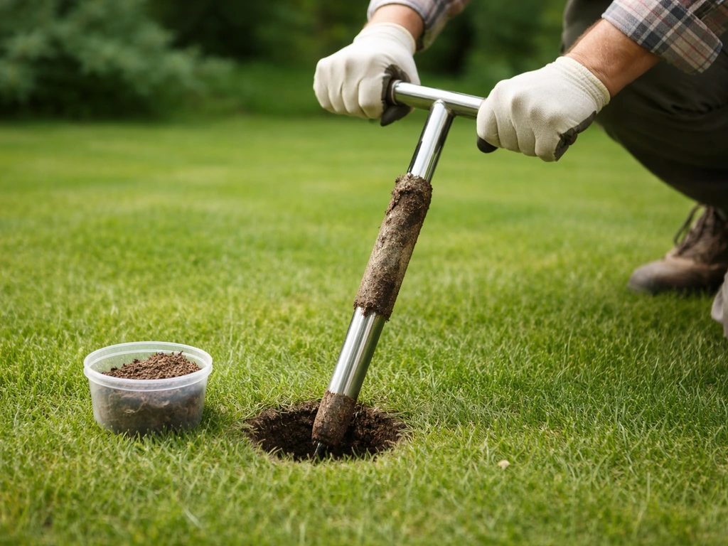 Iemand neemt grondmonster uit het gazon met een boorstaaf; grond en monsterbakje bij het werk.