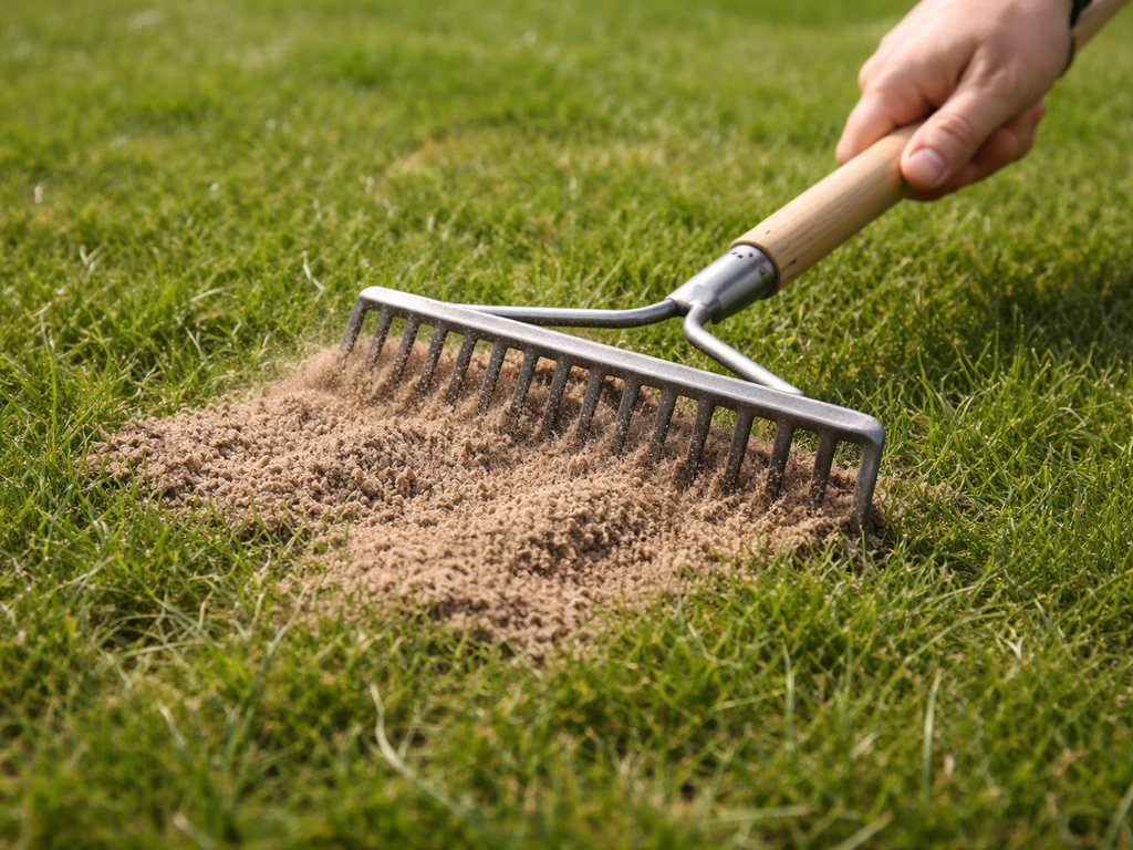Close-up van een gazonhark die een mierenhoopje platmaakt en het losse zand over het gras verdeelt.