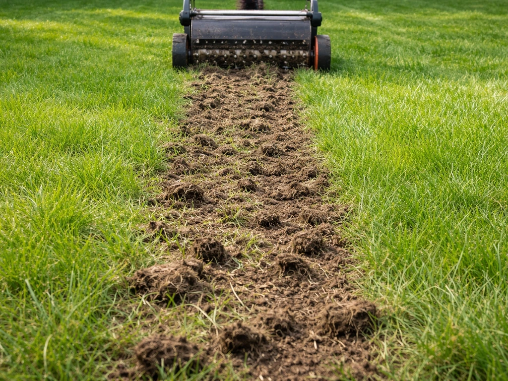 Verticuteer-/beluchtingsapparaat in een gazon met losgemaakte aarde door verdichting.