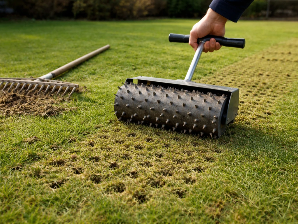 Tuinier belucht en verticuteert een gazon: zichtbare gaten en opengewerkte toplaag in de bodem