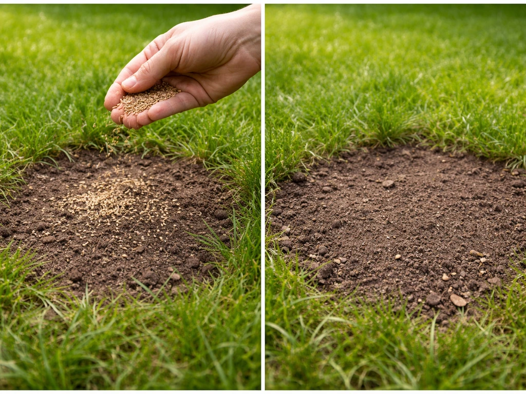 Hand strooit graszaad over een kale plek in het gazon met dunne toplaag eroverheen.