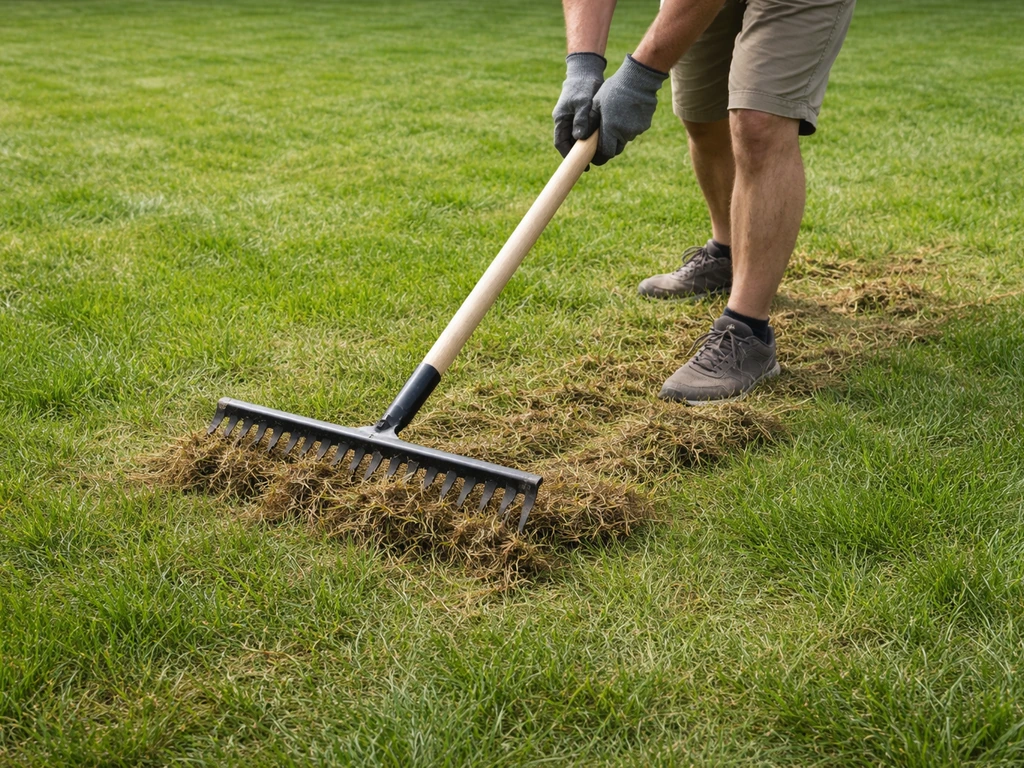 Iemand harkt een groen gazon met een verticuteerhark, uitlopers en klaverresten komen los