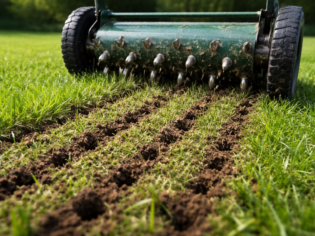 Prikroller belucht een graszode en laat kleine gaatjes zien in de grond.