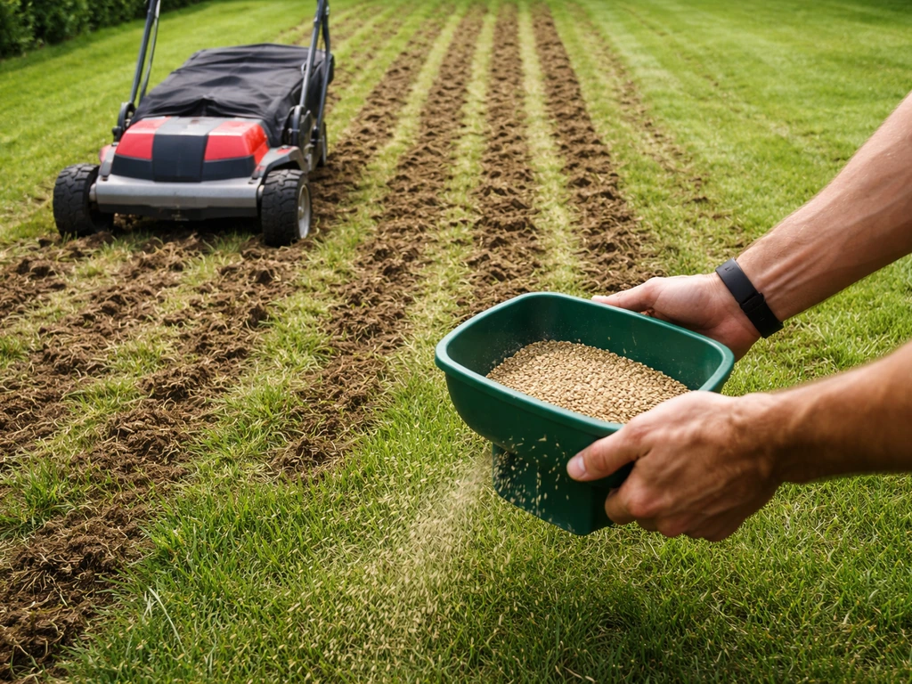 Verticuteermachine haalt grasmat open en iemand strooit direct daarna graszaad op het gazon.
