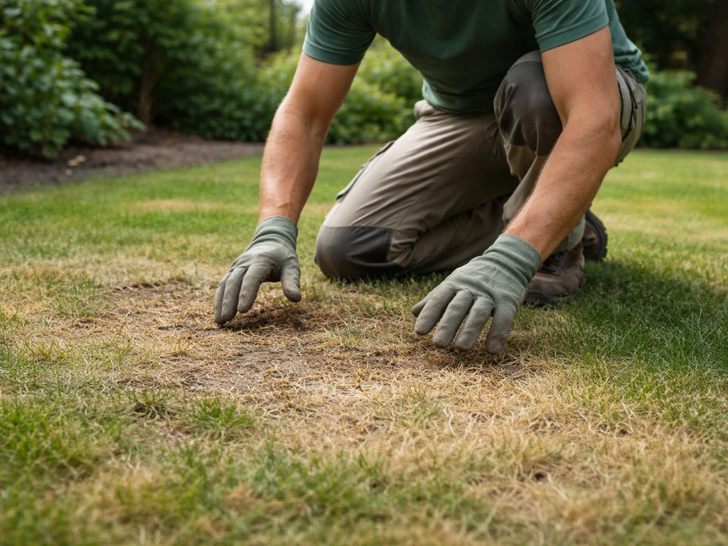 Tuinman knielt bij een kale of vergeelde plek in het gazon en inspecteert het gras van dichtbij