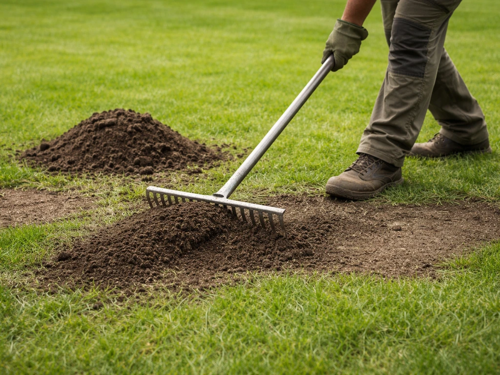 Tuinman verdeelt aarde van een molshoop met een hark over kale plekken in het gazon voor een vlak resultaat.
