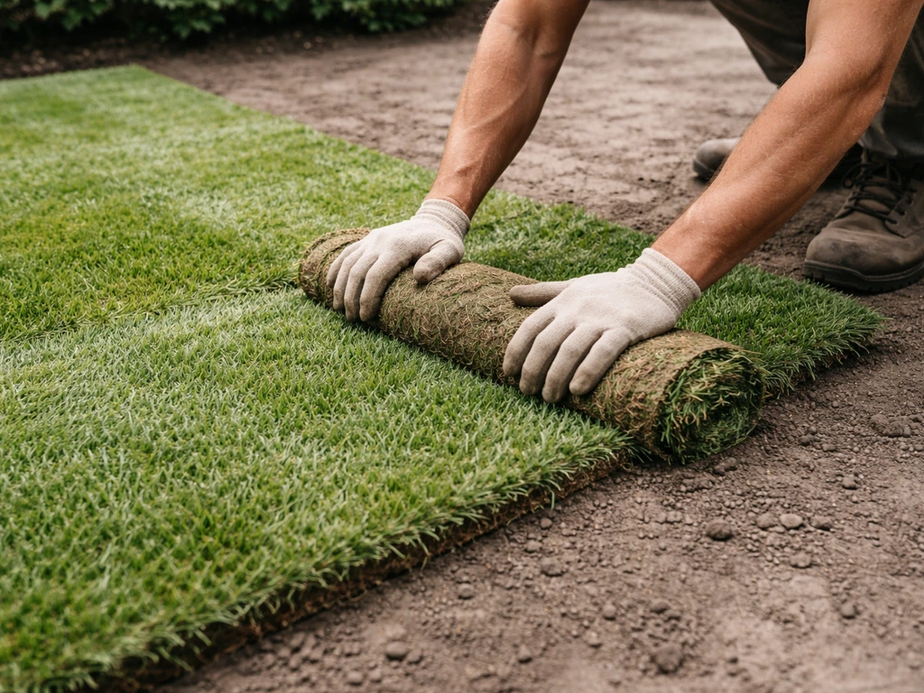 Handen die banen zoden netjes tegen elkaar aandrukken op een vlak geëgaliseerde tuinbodem.