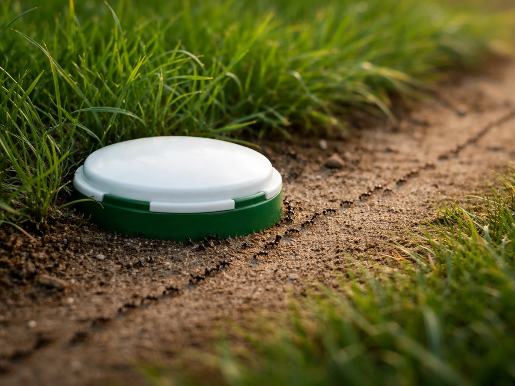 Mierenlooproute met een lokdoos op het gazon, netjes geplaatst langs de rand, nest niet zichtbaar.