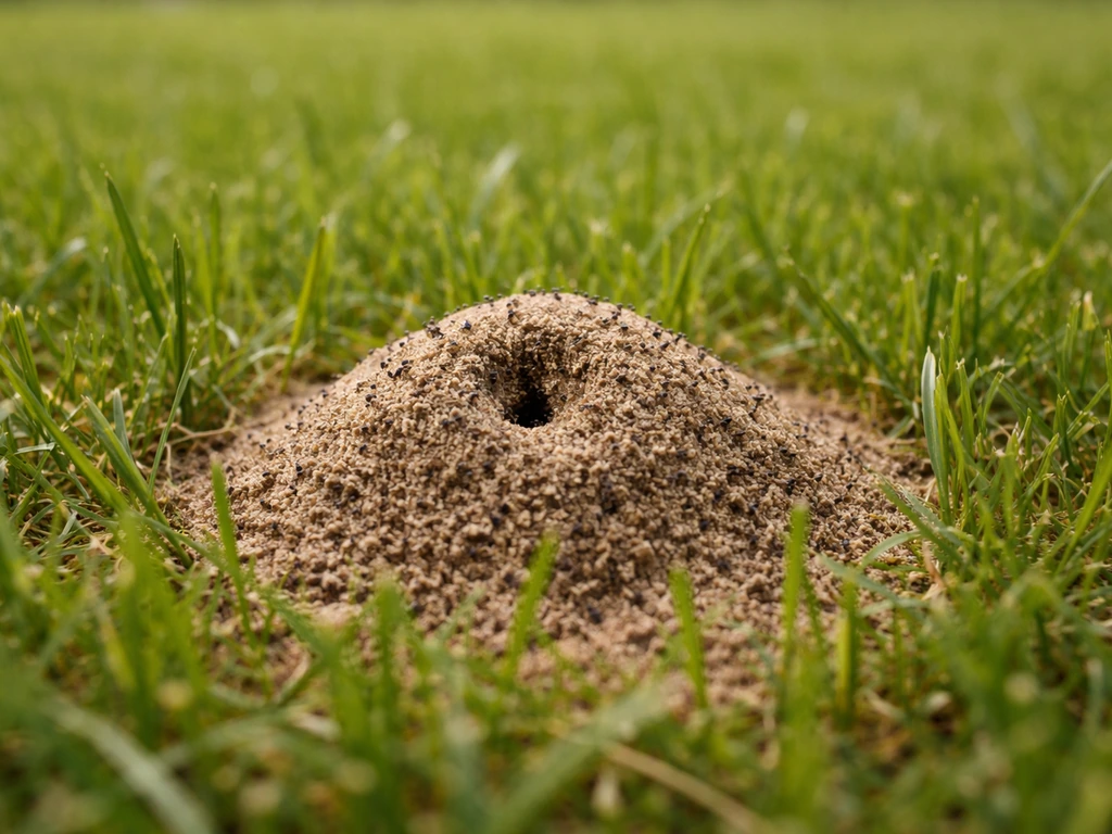 Close-up van een zandkleurig mierenhoopje tussen het gras in een gazon.